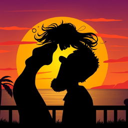 A humorous and playful scene depicting a silhouette of a woman playfully farting on a man's face, set against a vibrant sunset background that enhances the silliness of the image