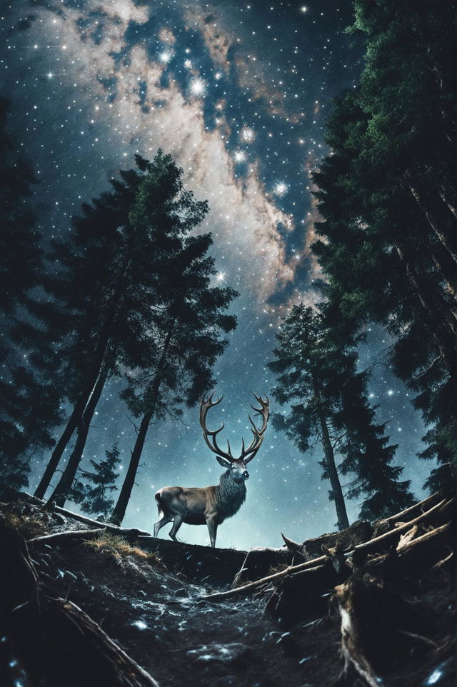 A ground-level, wide-angle shot of a moonlit forest under a crescent moon with the Milky Way visible through the tree canopy and a wild stag standing tall