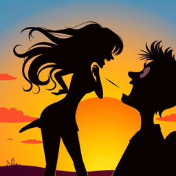 A humorous and playful scene depicting a silhouette of a woman playfully farting on a man's face, set against a vibrant sunset background that enhances the silliness of the image