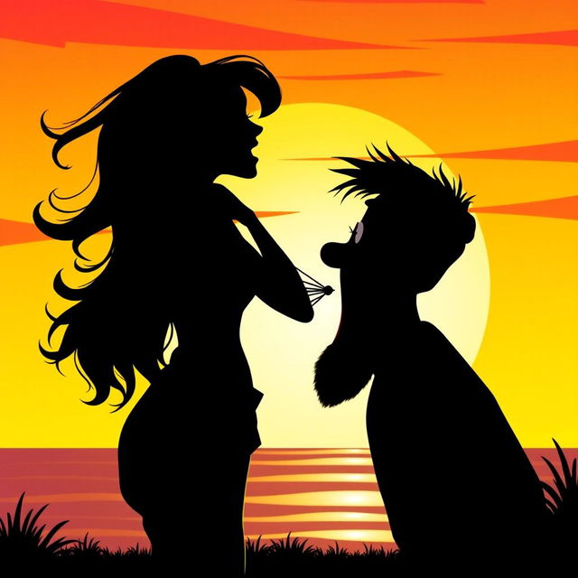 A humorous and playful scene depicting a silhouette of a woman playfully farting on a man's face, set against a vibrant sunset background that enhances the silliness of the image