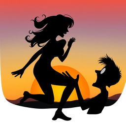 A humorous and playful scene depicting a silhouette of a woman playfully farting on a man's face, set against a vibrant sunset background that enhances the silliness of the image