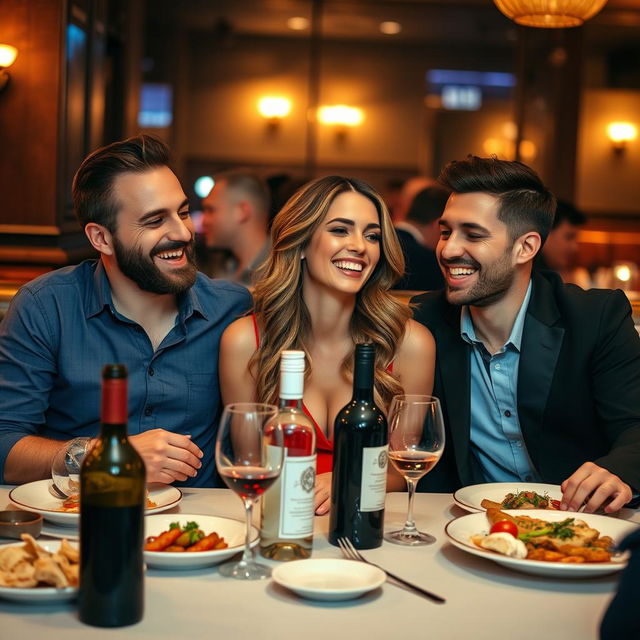 A woman sitting at a restaurant table on a double date with two men, all laughing and enjoying their meal