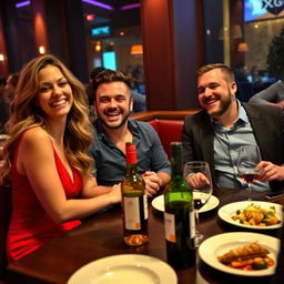 A woman sitting at a restaurant table on a double date with two men, all laughing and enjoying their meal