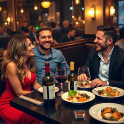 A woman sitting at a restaurant table on a double date with two men, all laughing and enjoying their meal