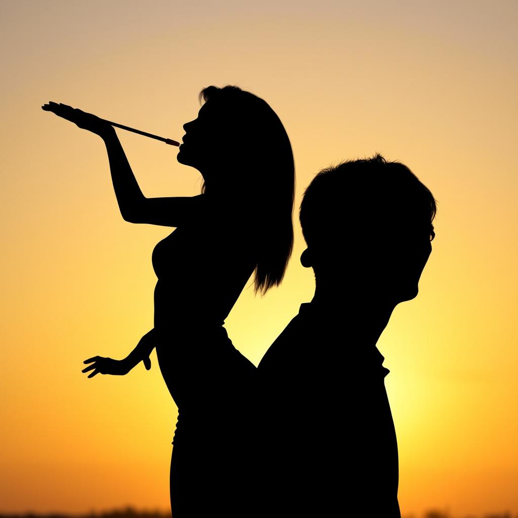 A photorealistic silhouette of a woman in profile, positioned playfully as she bends slightly and emits a fart towards a man's face