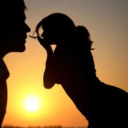 A photorealistic silhouette of a woman in profile, positioned playfully as she bends slightly and emits a fart towards a man's face