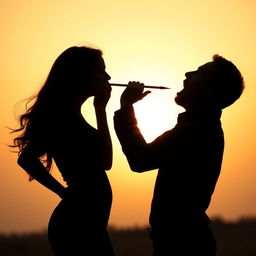 A photorealistic silhouette of a woman in profile, positioned playfully as she bends slightly and emits a fart towards a man's face