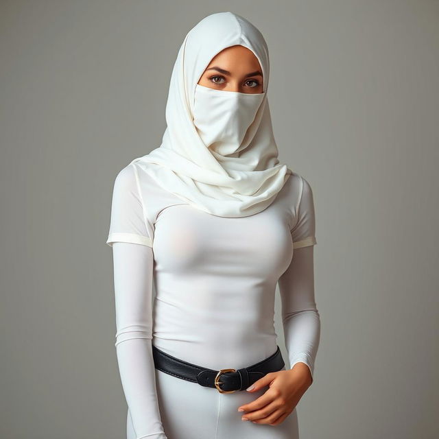 A stunning European girl wearing a face-covered niqab, with an extremely tight and transparent white t-shirt and very tight white pantyhose