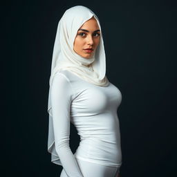 A stunning European girl wearing a face-covered niqab, with an extremely tight and transparent white t-shirt and very tight white pantyhose
