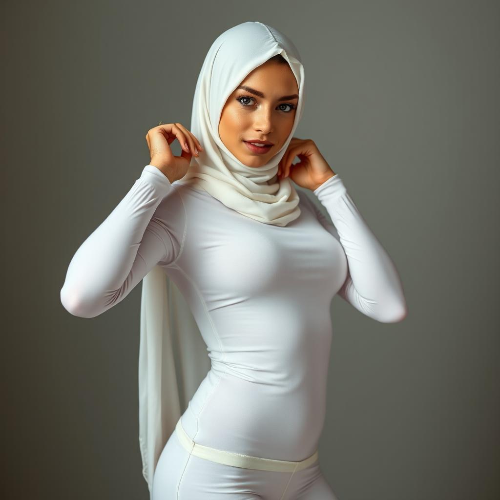 A stunning European girl wearing a face-covered niqab, with an extremely tight and transparent white t-shirt and very tight white pantyhose