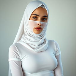 A stunning European girl wearing a face-covered niqab, with an extremely tight and transparent white t-shirt and very tight white pantyhose