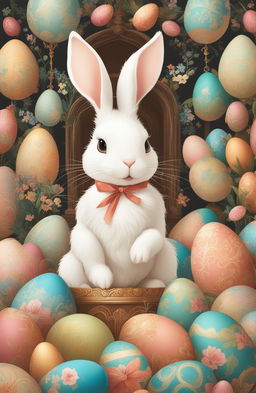 A Studio Ghibli-inspired digital artwork featuring a Rococo-styled bunny amidst a collection of intricately painted Easter eggs