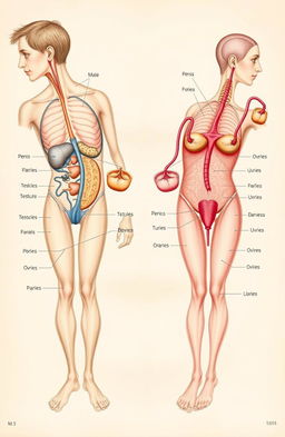 A detailed anatomical illustration of male and female reproductive systems, showcasing organs such as the penis, testicles, ovaries, and uterus