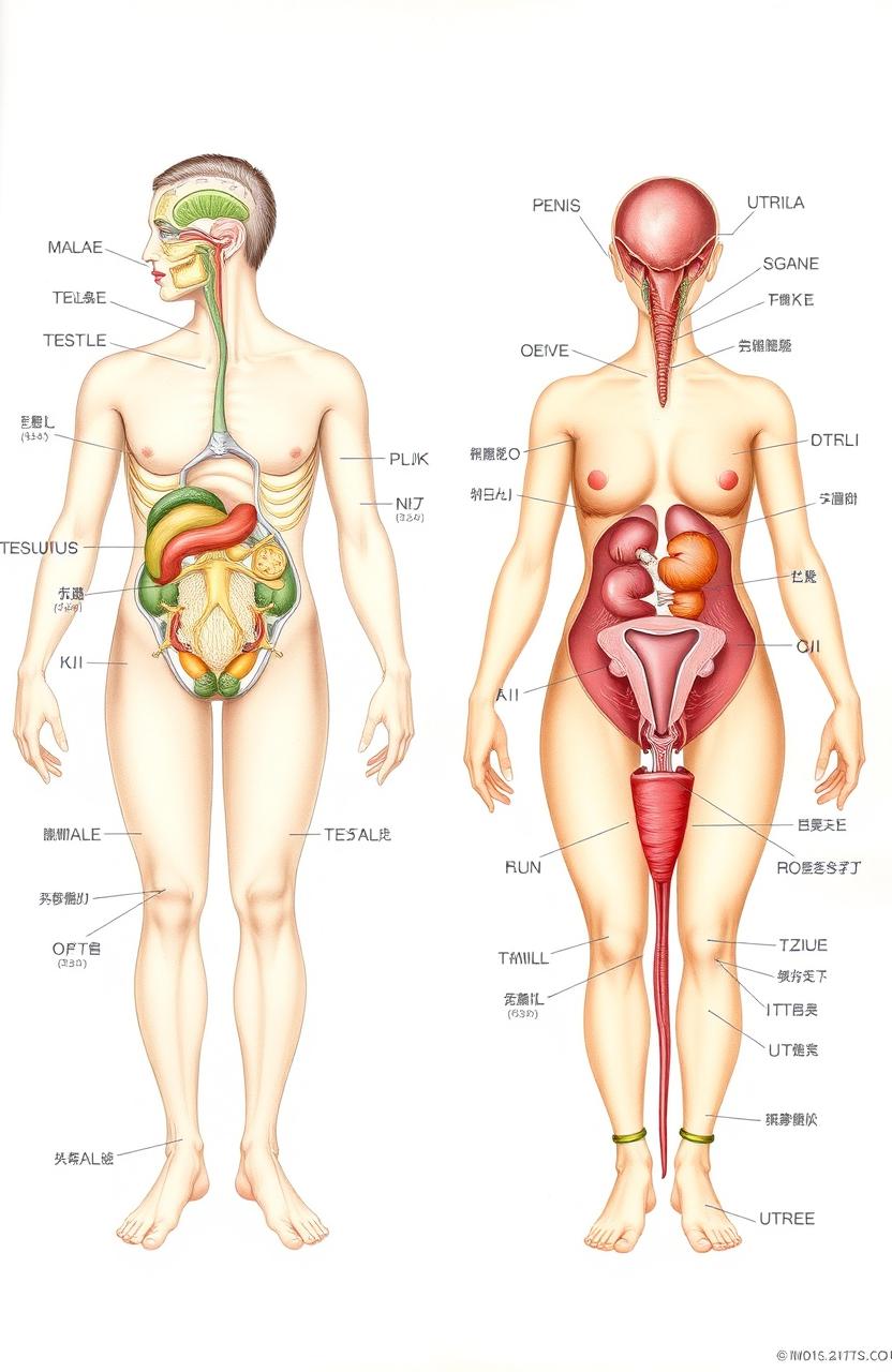 A detailed anatomical illustration of male and female reproductive systems, showcasing organs such as the penis, testicles, ovaries, and uterus