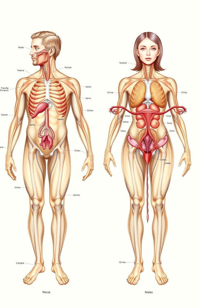 A detailed anatomical illustration of male and female reproductive systems, showcasing organs such as the penis, testicles, ovaries, and uterus