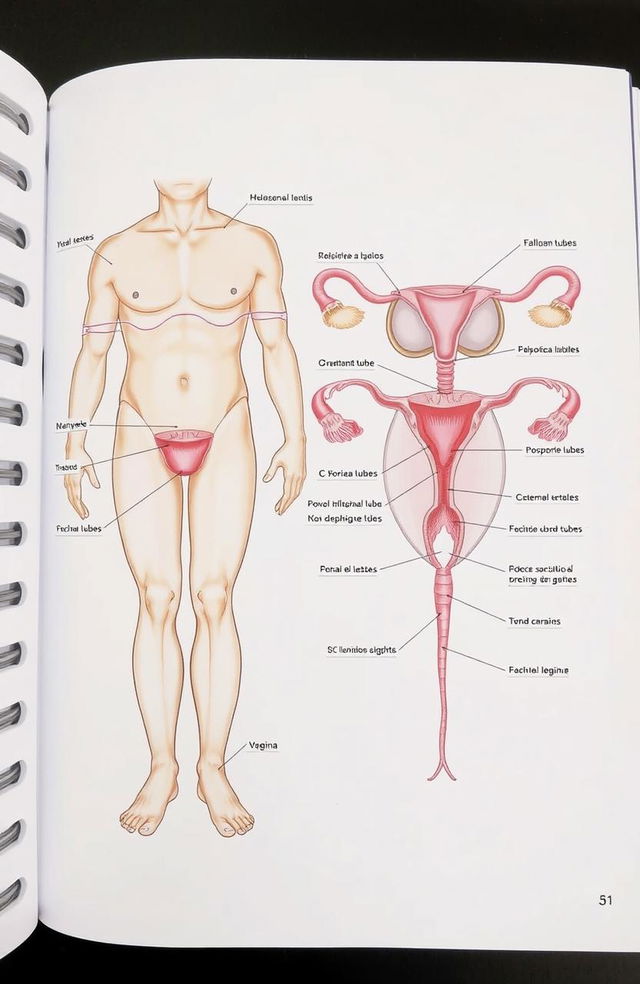 A detailed and educational illustration depicting the male and female reproductive systems, showing various anatomical features such as the testes, penis, and prostate in the male reproductive system, and the ovaries, fallopian tubes, uterus, and vagina in the female reproductive system