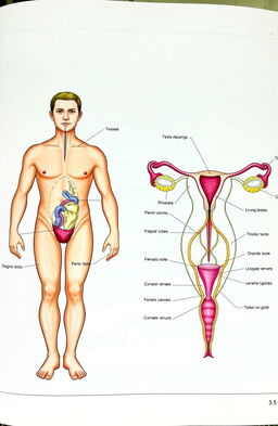A detailed and educational illustration depicting the male and female reproductive systems, showing various anatomical features such as the testes, penis, and prostate in the male reproductive system, and the ovaries, fallopian tubes, uterus, and vagina in the female reproductive system