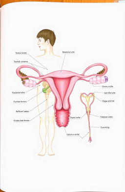 A detailed and educational illustration depicting the male and female reproductive systems, showing various anatomical features such as the testes, penis, and prostate in the male reproductive system, and the ovaries, fallopian tubes, uterus, and vagina in the female reproductive system