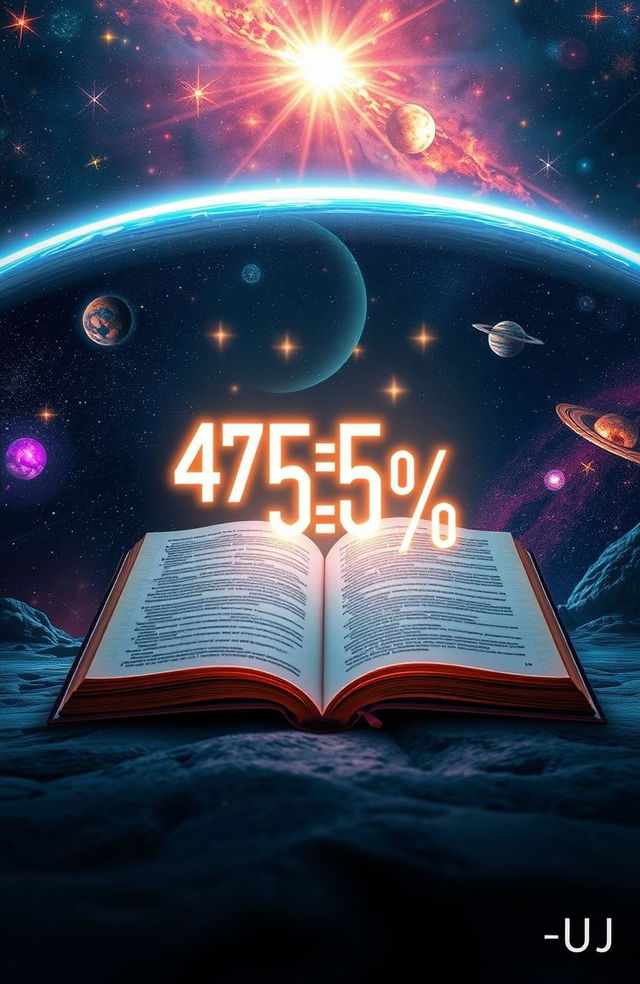 A futuristic space-themed scene featuring an open book in the foreground with the numbers '475=95%' floating out of it in a glowing, ethereal manner