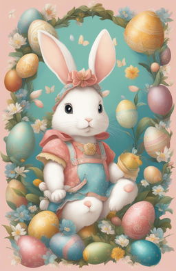 A Studio Ghibli-inspired digital artwork featuring a Rococo-styled bunny amidst a collection of intricately painted Easter eggs