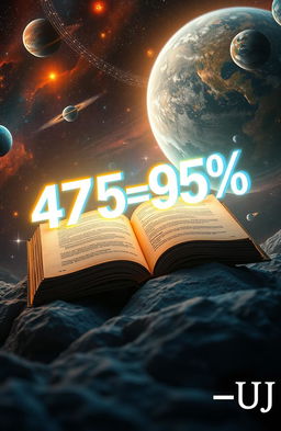 A futuristic space-themed scene featuring an open book in the foreground with the numbers '475=95%' floating out of it in a glowing, ethereal manner