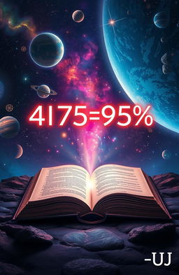 A futuristic space-themed scene featuring an open book in the foreground with the numbers '475=95%' floating out of it in a glowing, ethereal manner