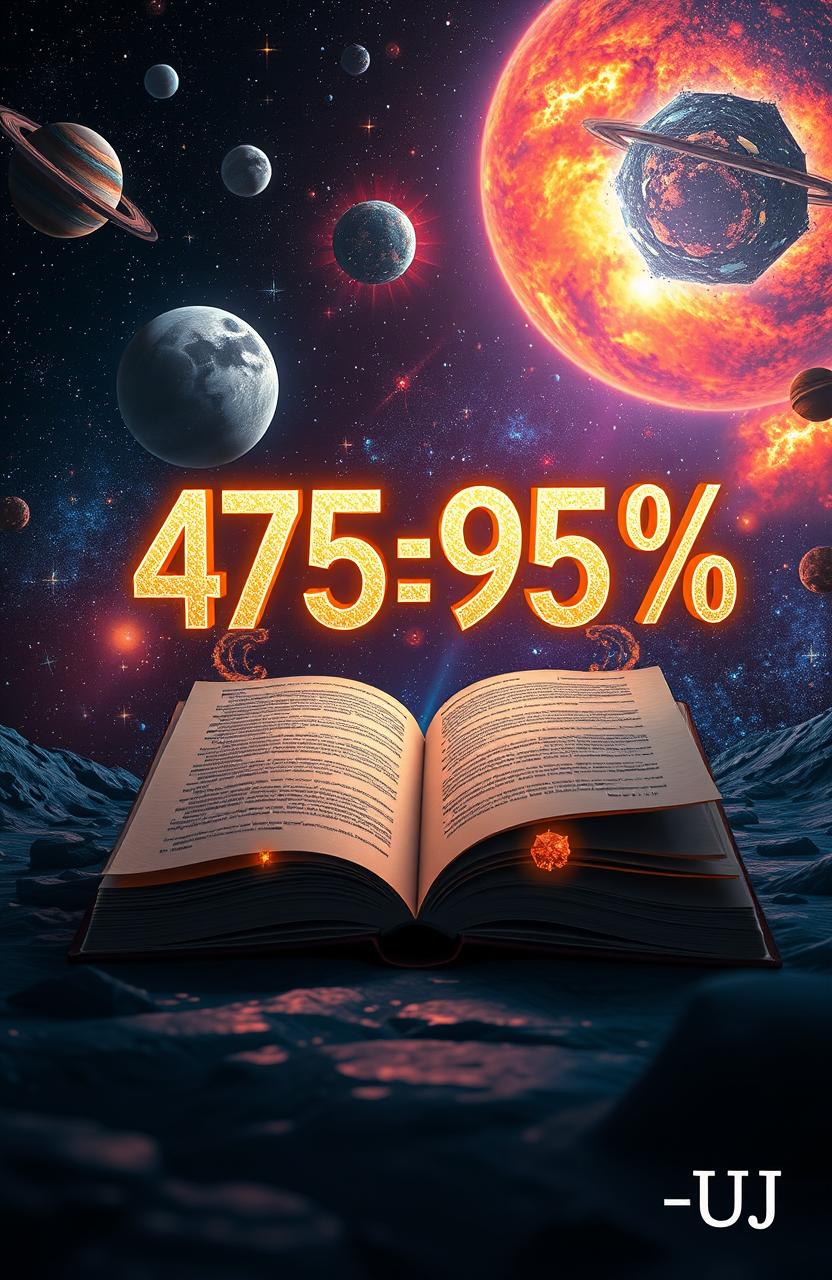 A futuristic space-themed scene featuring an open book in the foreground with the numbers '475=95%' floating out of it in a glowing, ethereal manner