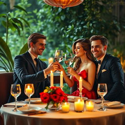 A beautiful woman enjoying a romantic dinner date with two charming men at an elegant restaurant