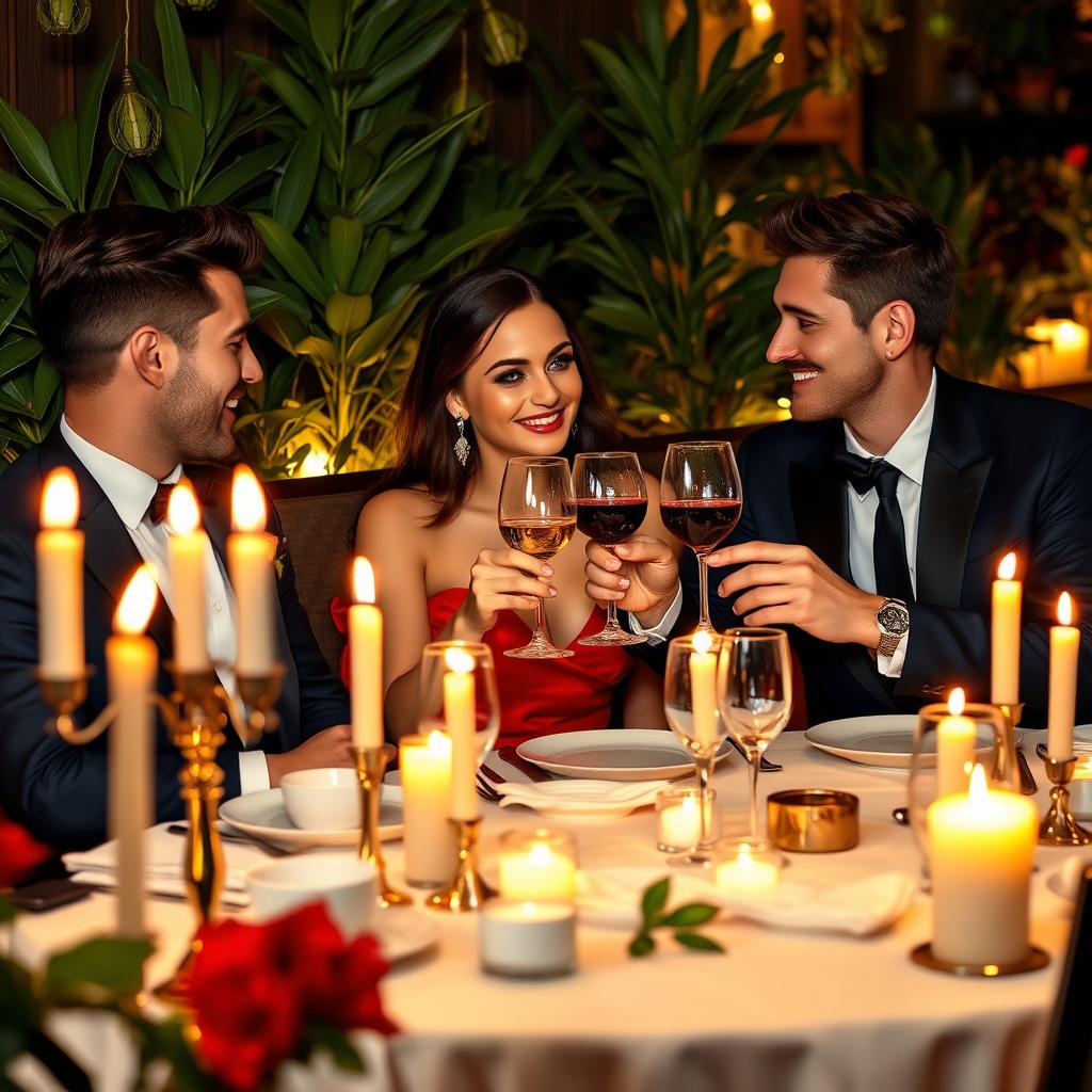 A beautiful woman enjoying a romantic dinner date with two charming men at an elegant restaurant