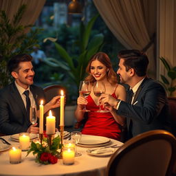 A beautiful woman enjoying a romantic dinner date with two charming men at an elegant restaurant