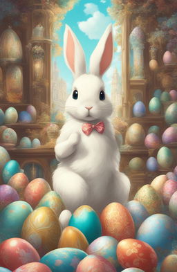 A Studio Ghibli-inspired digital artwork featuring a Rococo-styled bunny amidst a collection of intricately painted Easter eggs