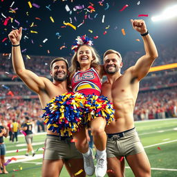 A vibrant scene featuring a cheerful and energetic cheerleader celebrating with two athletic shirtless football players after a victorious game