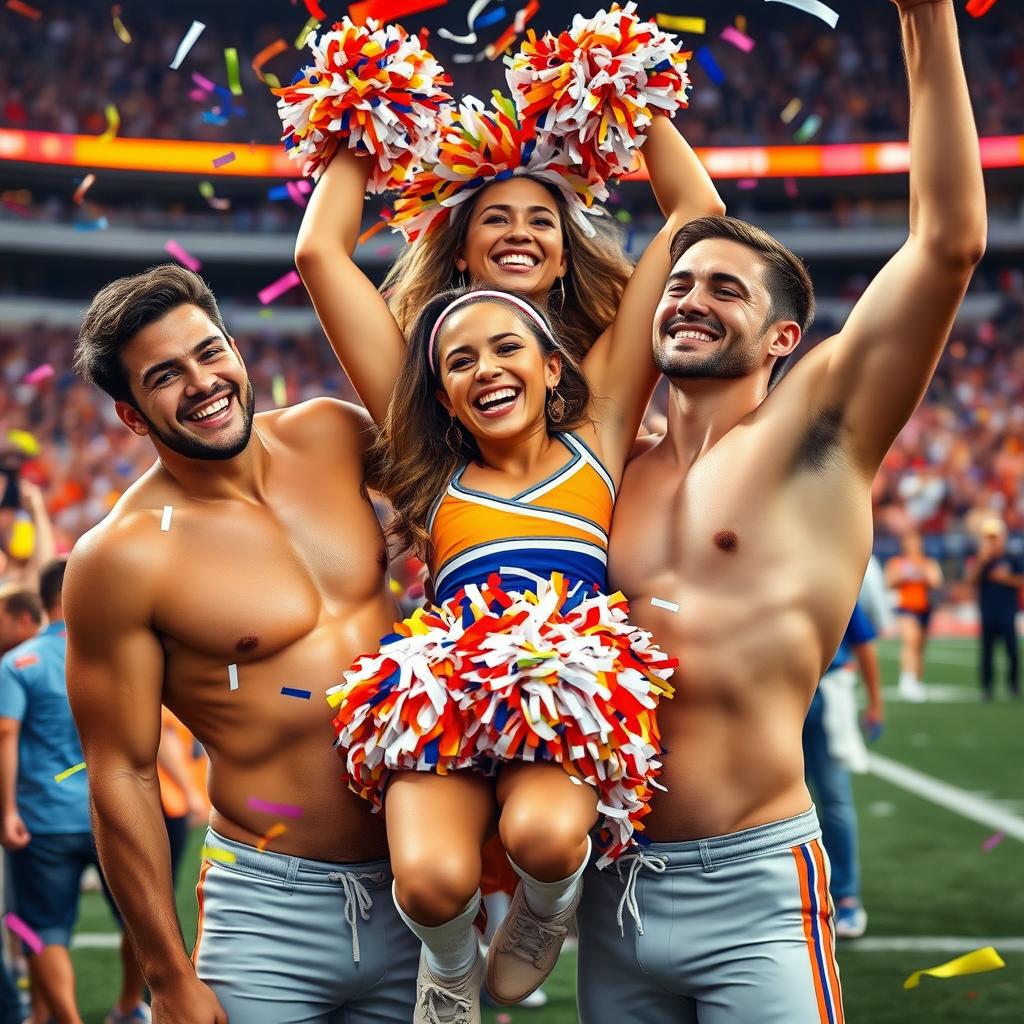 A vibrant scene featuring a cheerful and energetic cheerleader celebrating with two athletic shirtless football players after a victorious game