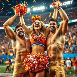 A vibrant scene featuring a cheerful and energetic cheerleader celebrating with two athletic shirtless football players after a victorious game