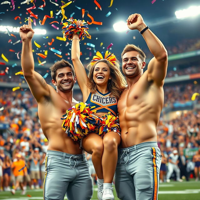 A vibrant scene featuring a cheerful and energetic cheerleader celebrating with two athletic shirtless football players after a victorious game