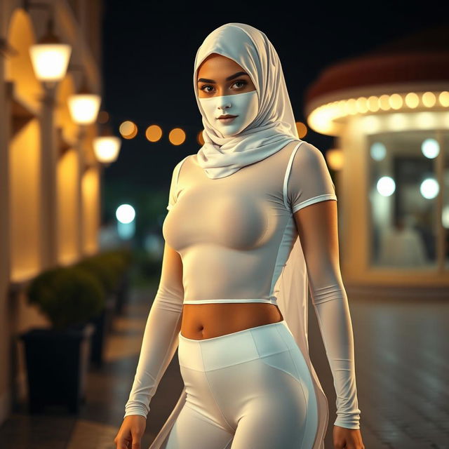 A tall, beautiful European girl in her 18s, wearing a face covered niqab, with a striking appearance