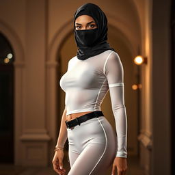 A tall, beautiful European girl in her 18s, wearing a face covered niqab, with a striking appearance