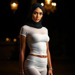 A tall, beautiful European girl in her 18s, wearing a face covered niqab, with a striking appearance