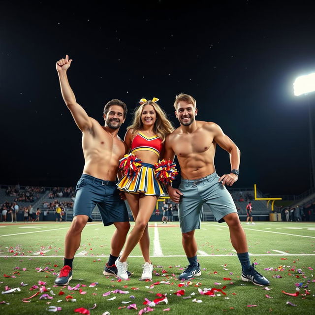 A lively nighttime scene featuring a cheerful cheerleader celebrating on the field with two athletic shirtless football players after a game