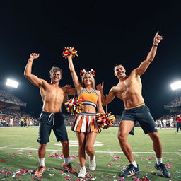 A lively nighttime scene featuring a cheerful cheerleader celebrating on the field with two athletic shirtless football players after a game