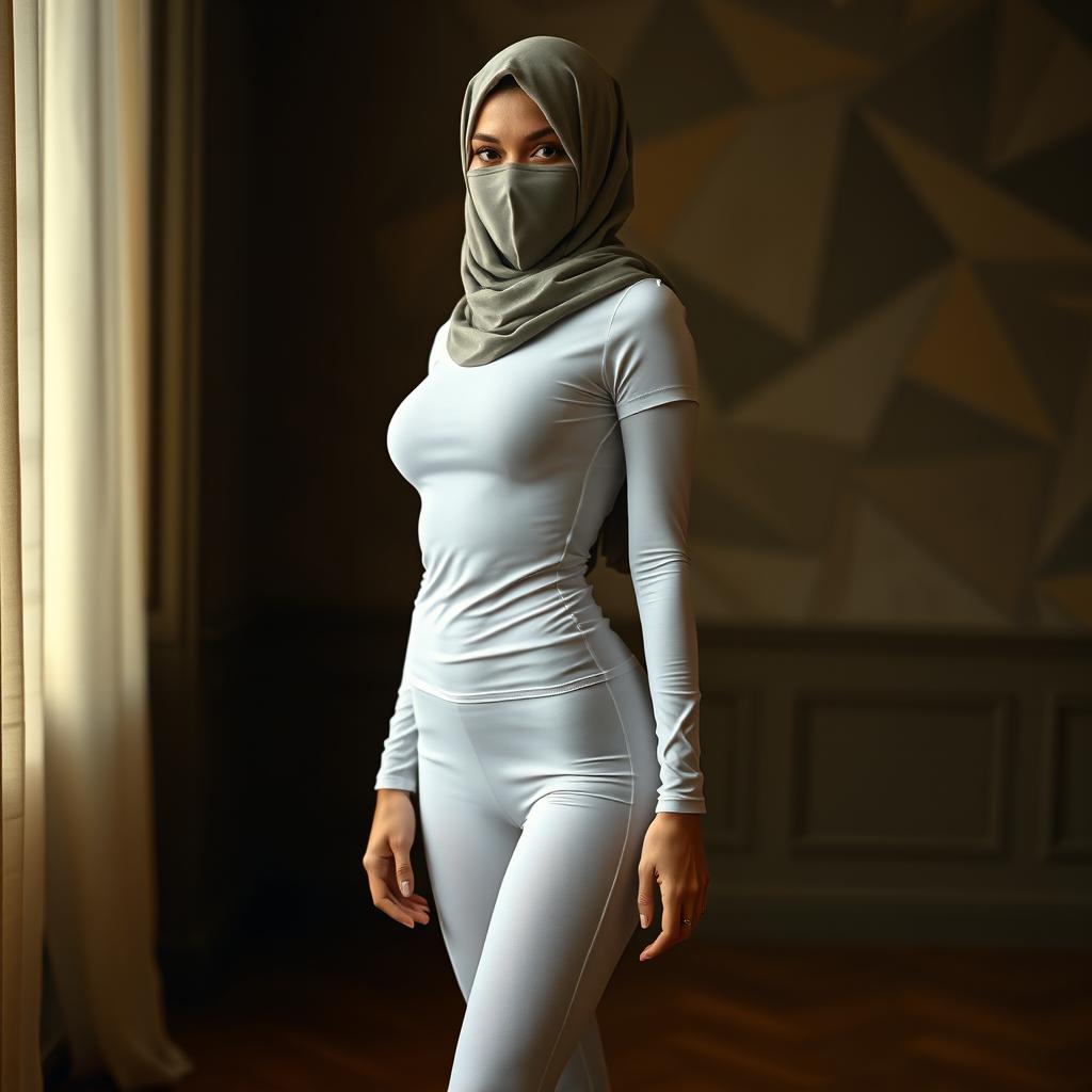 Full body view of a tall, skinny, 18-year-old European girl wearing a face-covered niqab and a skin-tight, white, transparent t-shirt paired with extremely tight white pantyhose