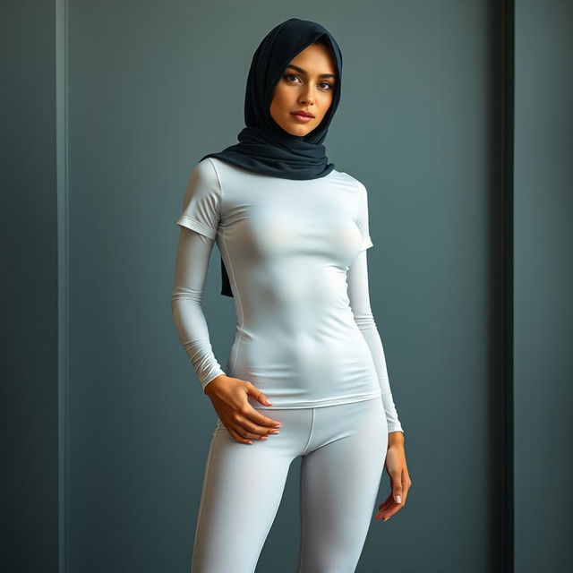 Full body view of a tall, skinny, 18-year-old European girl wearing a face-covered niqab and a skin-tight, white, transparent t-shirt paired with extremely tight white pantyhose