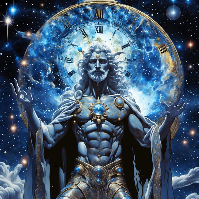 The image depicts the God of Time, a majestic figure draped in starlit robes, holding an hourglass and touching a grand clock