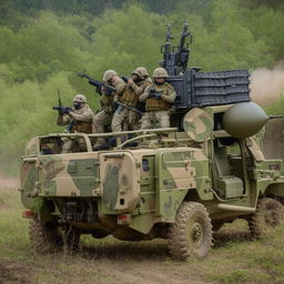 5 combatants in military fatigue, armed with assault rifles, missile launcher and radio in a rugged terrain vehicle