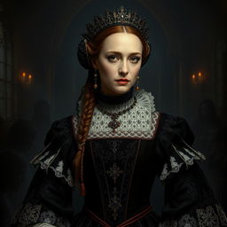 A highly detailed, atmospheric portrait of Elizabeth Báthory, the infamous Hungarian countess of the 16th century, set in a dimly lit castle chamber