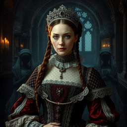 A highly detailed, atmospheric portrait of Elizabeth Báthory, the infamous Hungarian countess of the 16th century, set in a dimly lit castle chamber