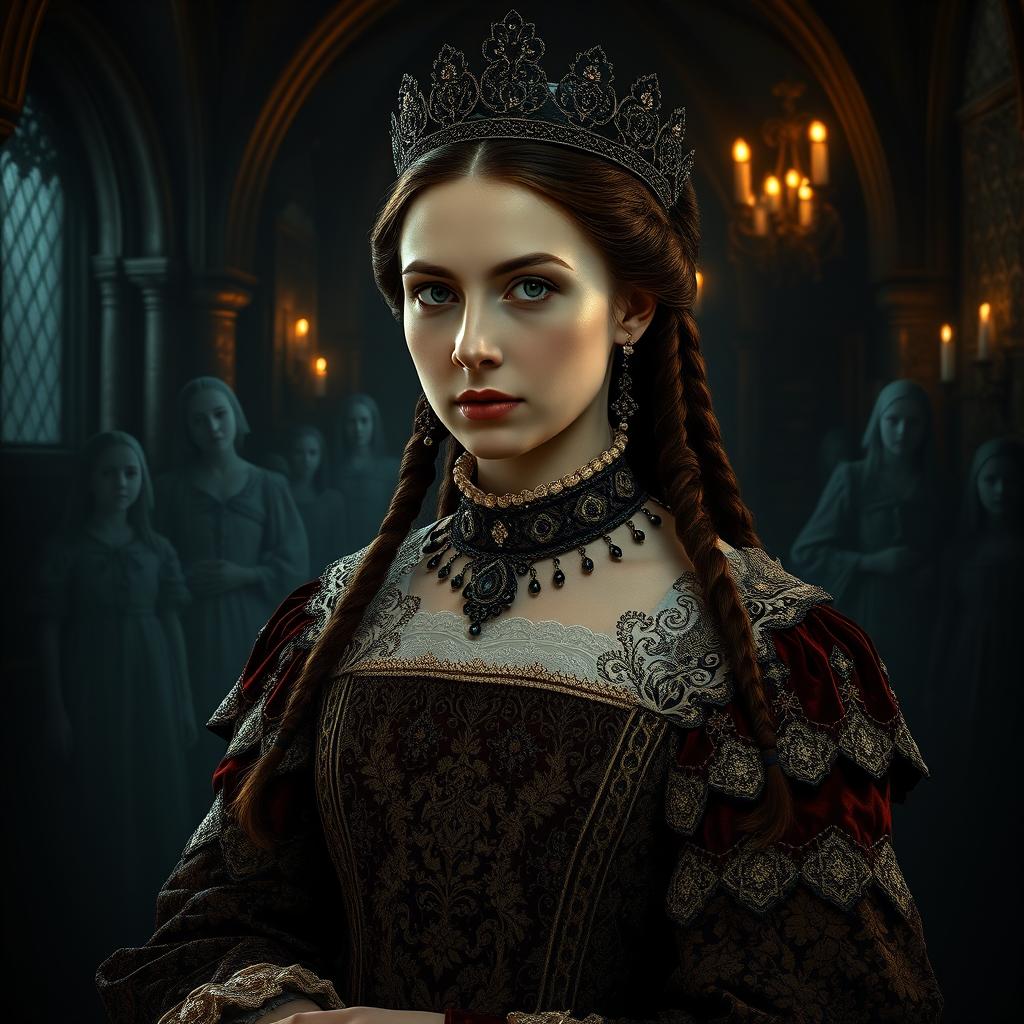 A highly detailed, atmospheric portrait of Elizabeth Báthory, the infamous Hungarian countess of the 16th century, set in a dimly lit castle chamber