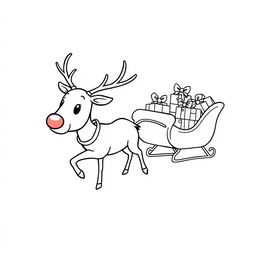 A clipart-style illustration of a reindeer with a shiny nose, pulling a sleigh filled with presents across a winter wonderland