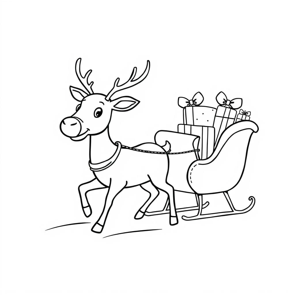 A clipart-style illustration of a reindeer with a shiny nose, pulling a sleigh filled with presents across a winter wonderland