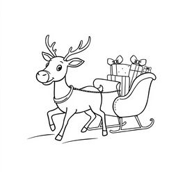 A clipart-style illustration of a reindeer with a shiny nose, pulling a sleigh filled with presents across a winter wonderland